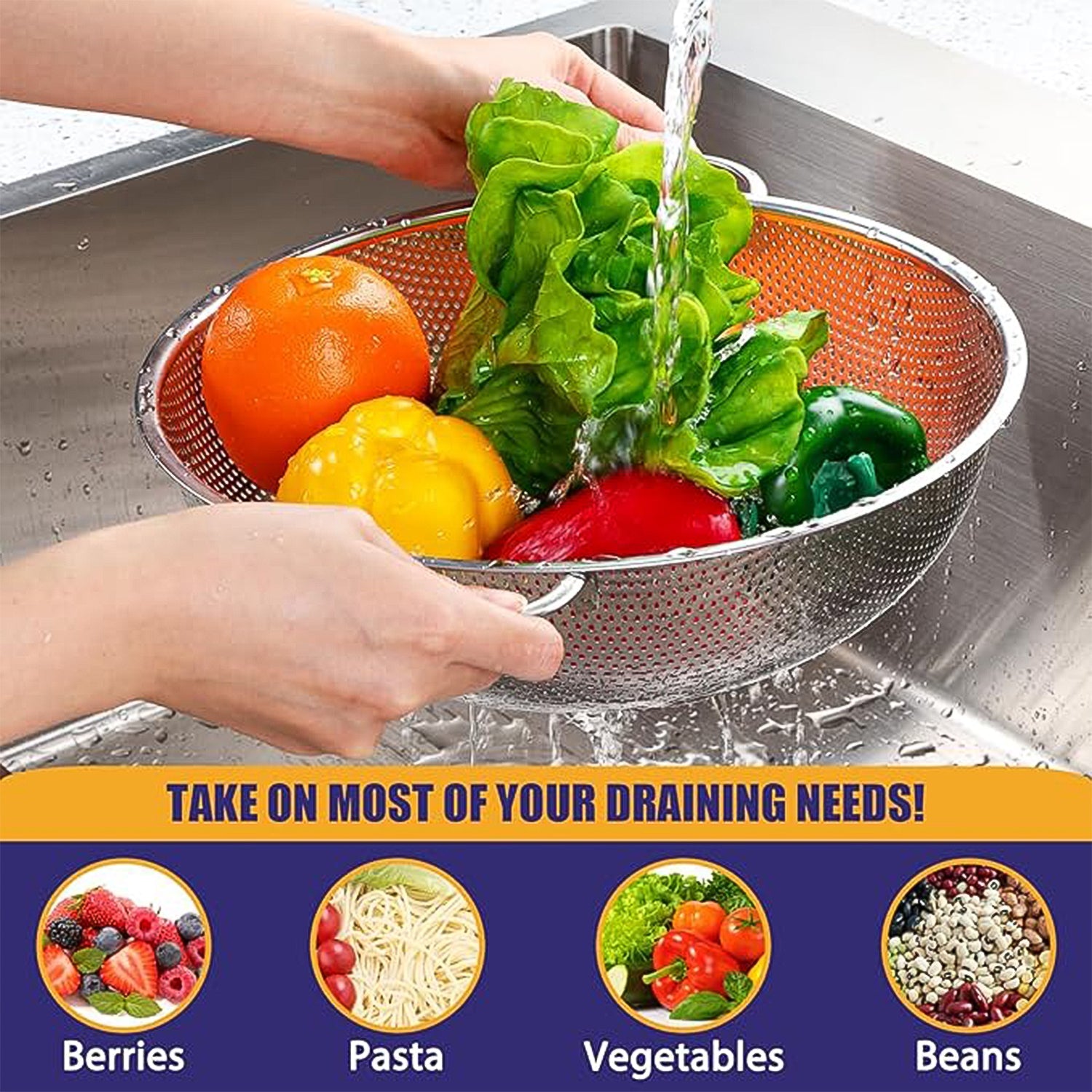 Side view of a rustproof stainless steel strainer with fine drainage holes.