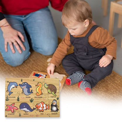 Complete Wooden Sea Animal Puzzle board showcasing various marine life shapes.
