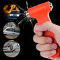 Car safety hammer with window breaker and seatbelt cutter shown in hand.