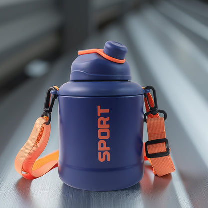 Mixed design vacuum sports bottle with easy carry strap