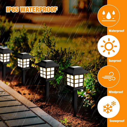 Four black solar garden lights illuminate a path at night, with rain falling and icons for weather resistance.
