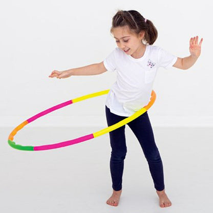 Colourful individual segments of the adjustable hula hoop set.