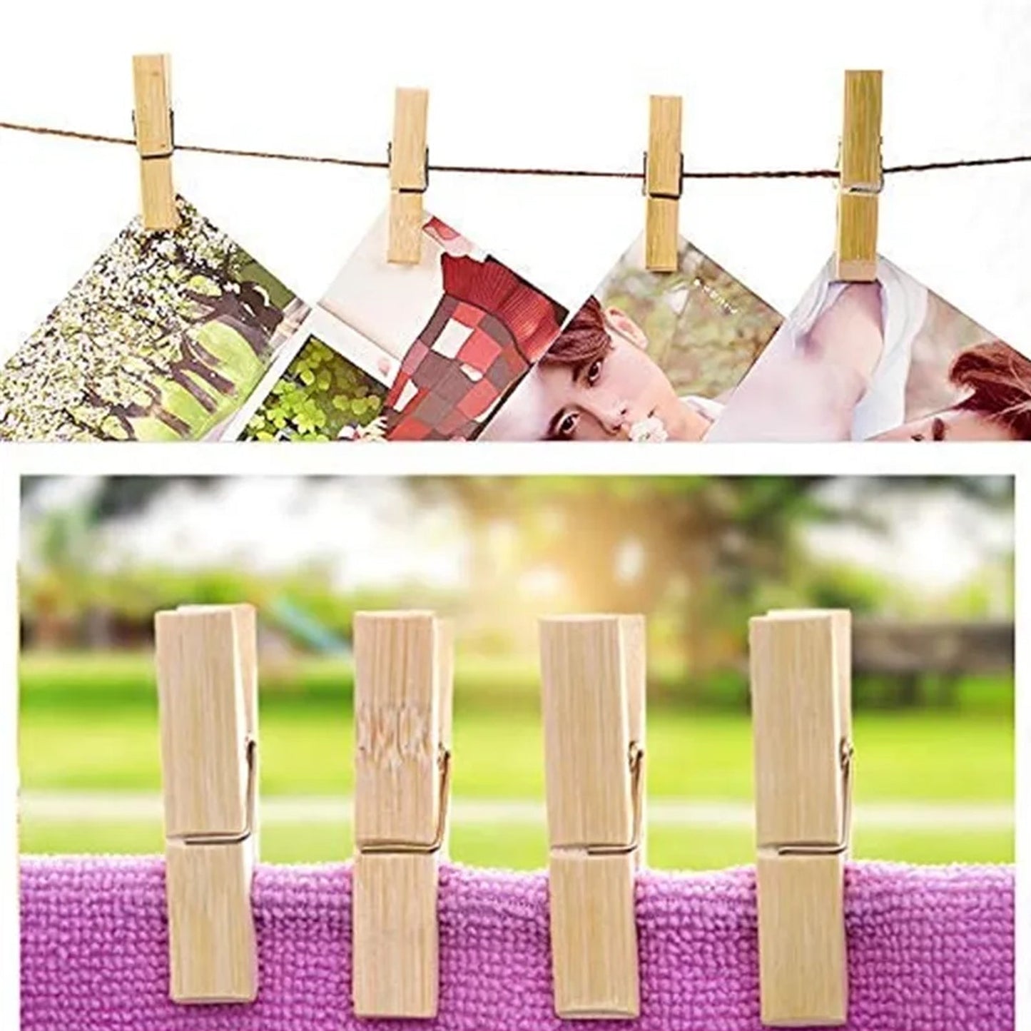 Multipurpose wooden photo clips holding a family picture against a bright background.