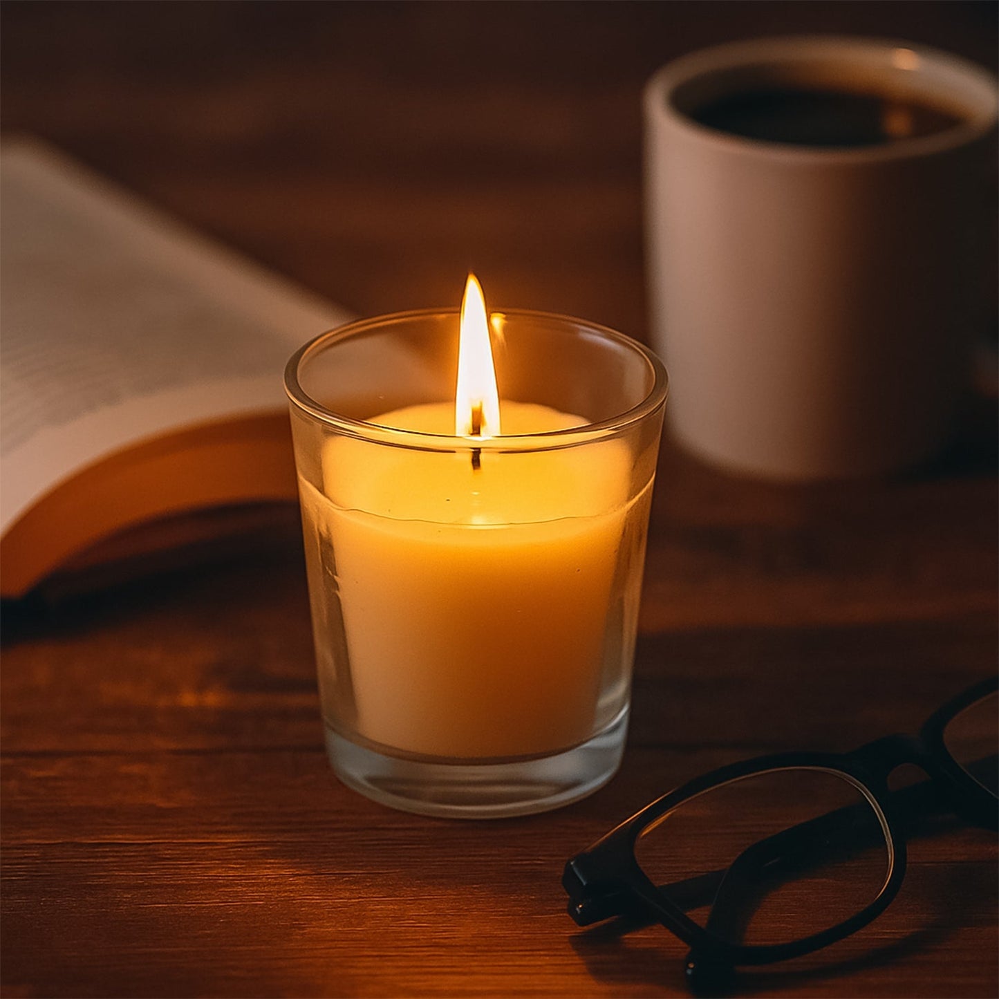 Top-down view of the Scented Votive Candle with its clean-burning wick.
