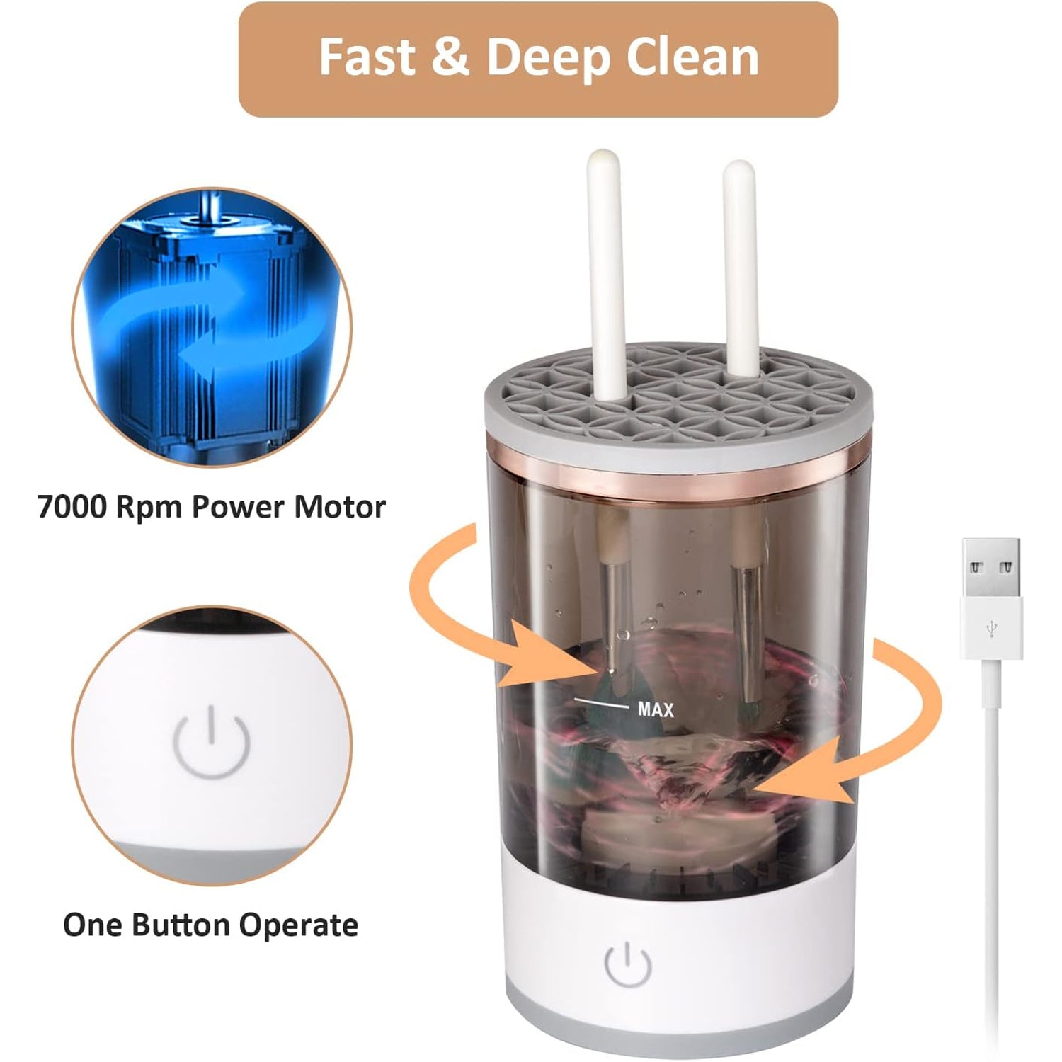 Before and after comparison showing clean makeup brushes from the automatic cleaner.