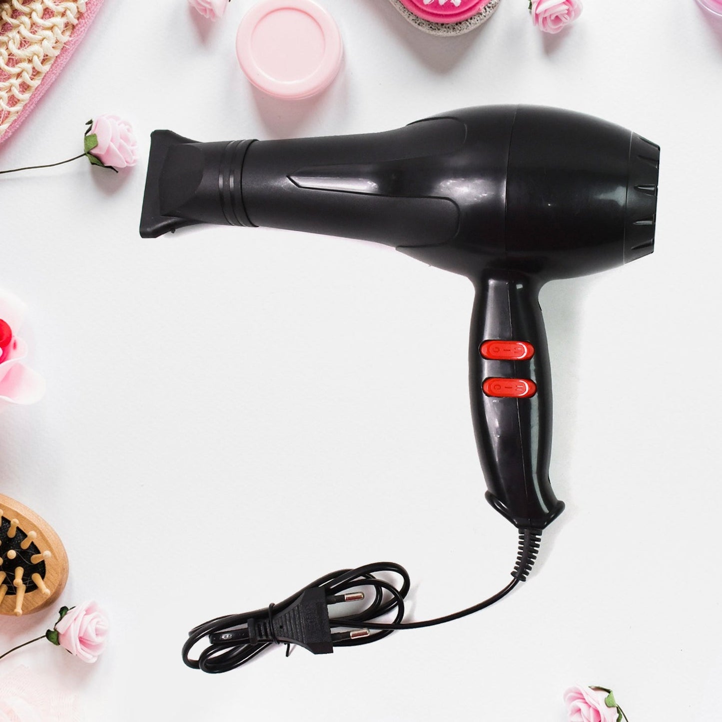 Professional hair dryer on a stand, demonstrating its compact size.