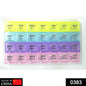 Top view of a compact 28-slot weekly pill organizer with clear daily compartments.