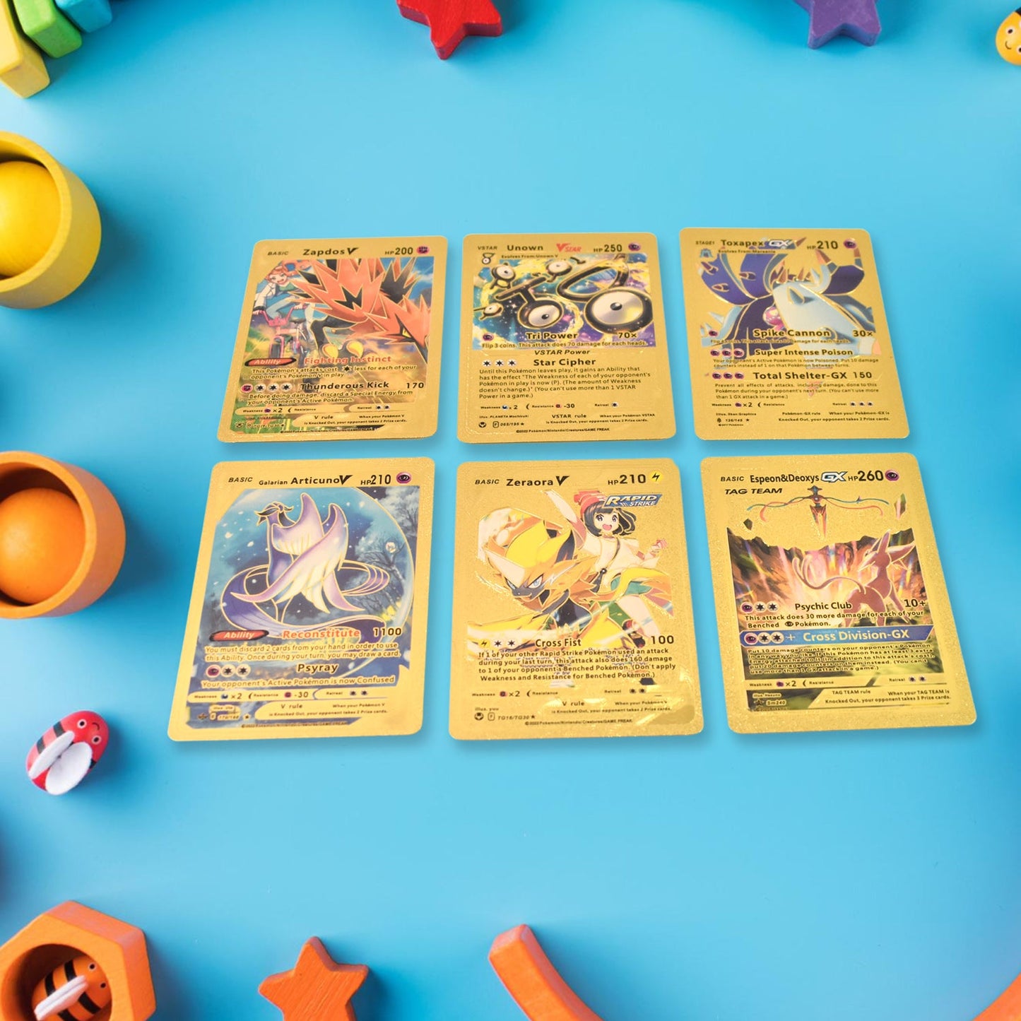 Stack of golden trading cards with unique character designs visible.