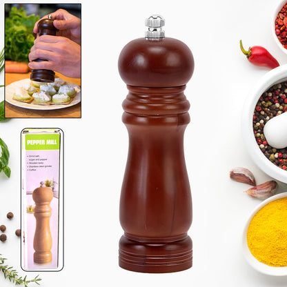 Elegant 6-inch wooden pepper mill with an adjustable ceramic grinder, ready for use.