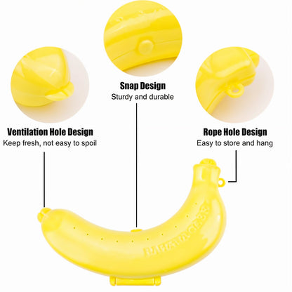 Portable banana case hanging from a backpack, ideal for travel and school lunches.