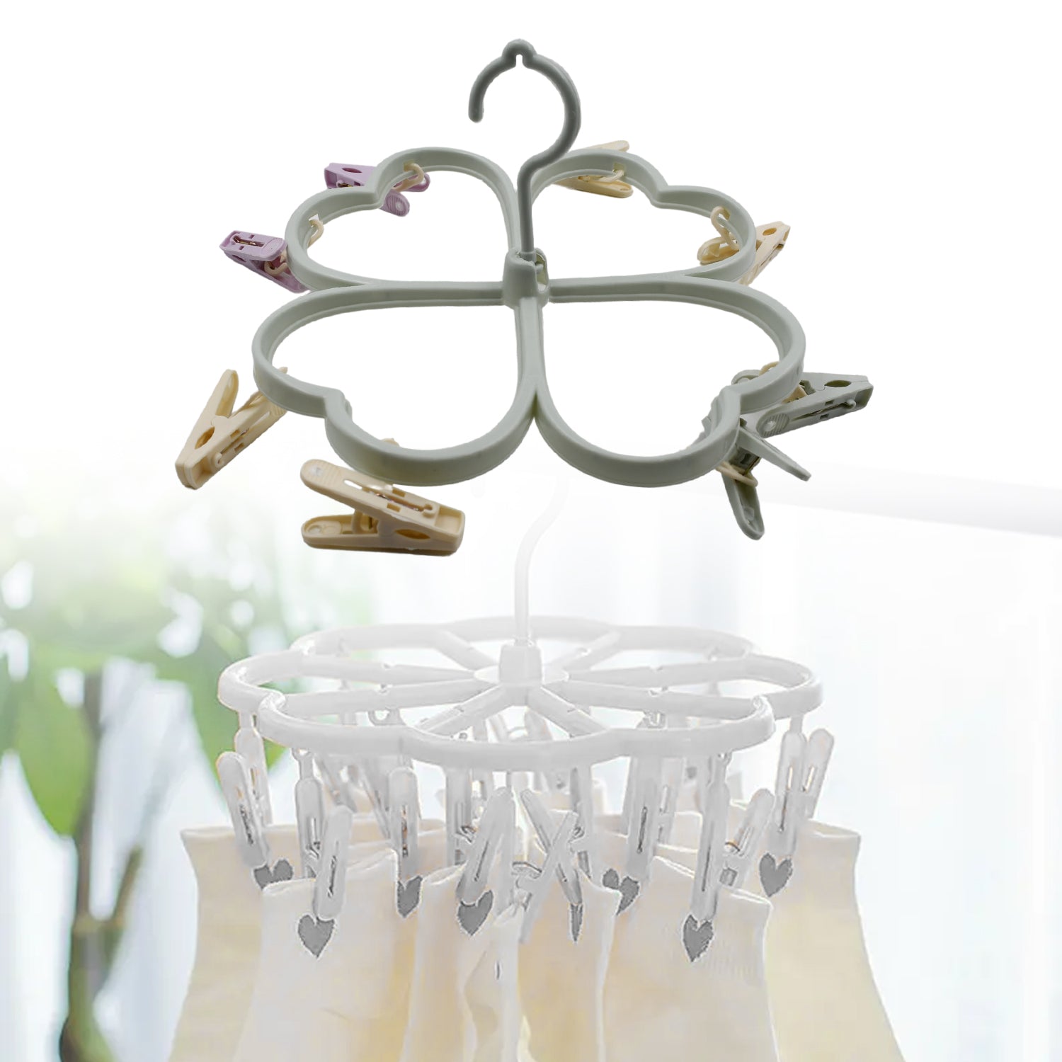 Pink heart-shaped drying rack showing strong, non-slip clips.