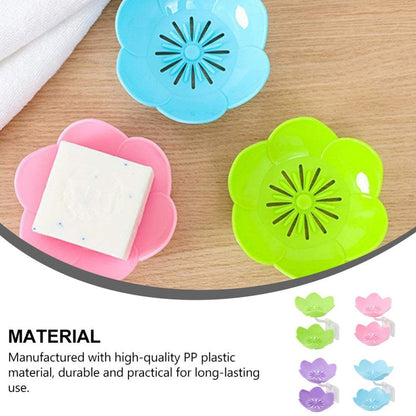 Self-draining soap dish in a bathroom setting, highlighting its flower design and functionality.