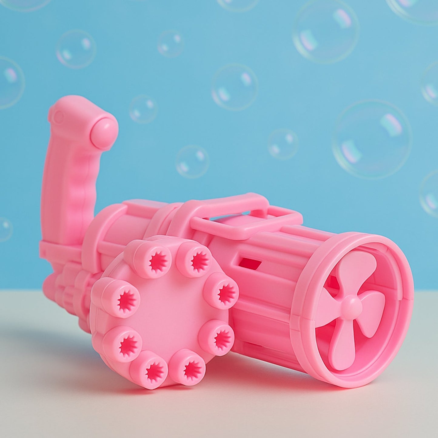 Ergonomic handle and trigger of the bubble gun, designed for comfortable grip by kids.