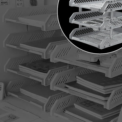 Side view of multi-layer file rack drawers stacked neatly on a shelf.