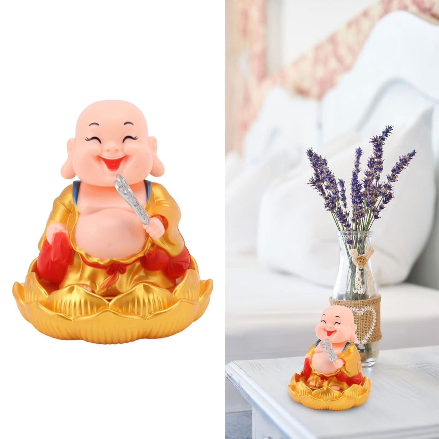 Smiling Solar Buddha Car Ornament with nodding head and hand on a car dashboard.