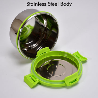 Side view of the airtight Ganesh stainless steel lunch box.