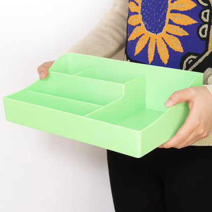 Desk organizer storage tray with multiple compartments in green plastic