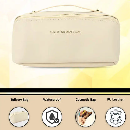 Travel organizer makeup bag with sturdy stitched handle for carrying