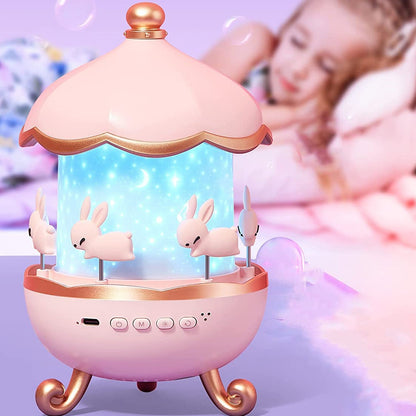 Magic Whirl LED Carousel Lamp with rotating bunny figures emitting soft light