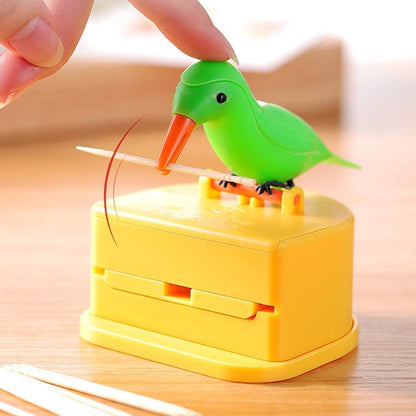 Top view of automatic toothpick storage box designed as a green bird