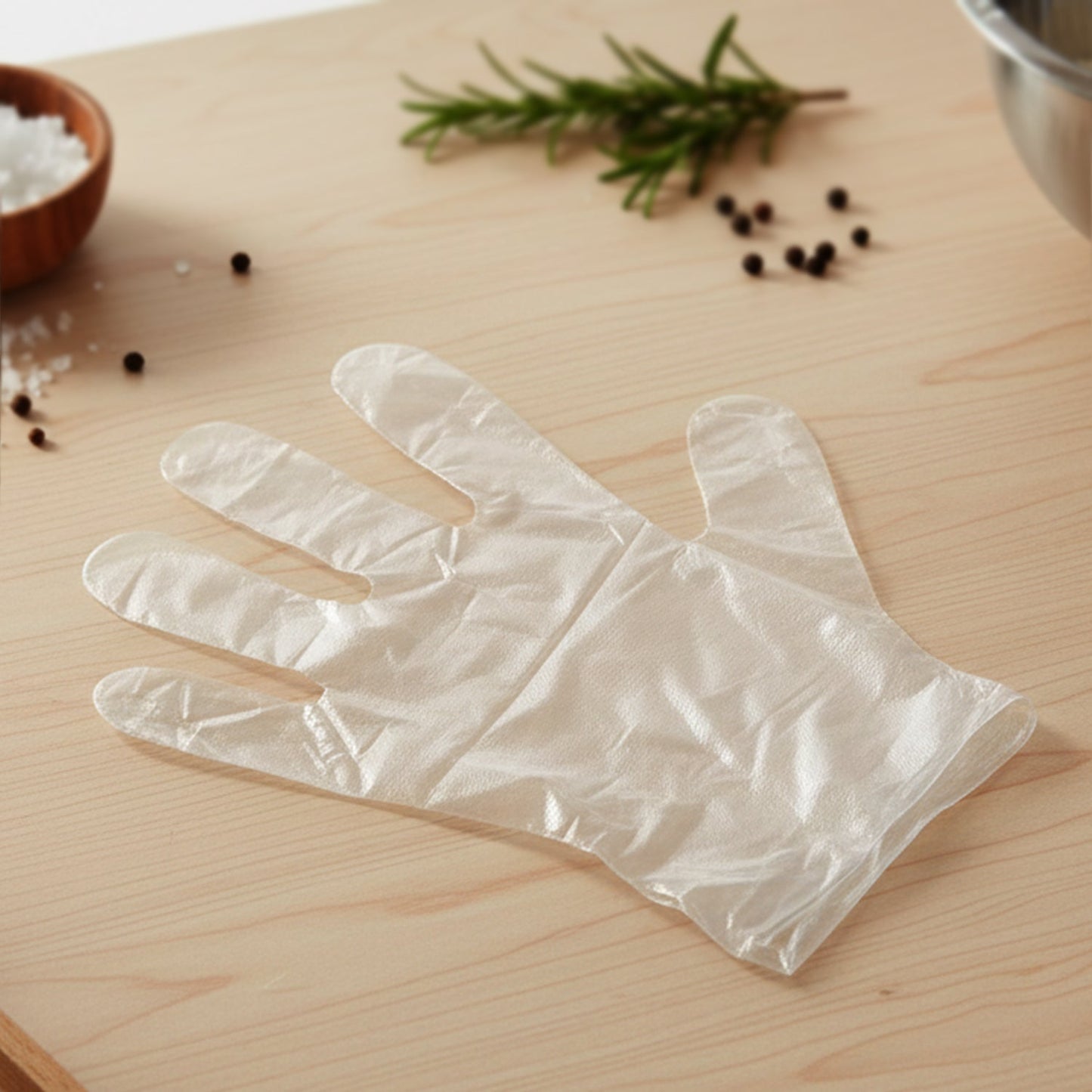Transparent disposable gloves fitted on hands for hygienic use