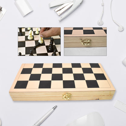 A game in progress on the elegant folding wooden chess set, showing the chessmen on the board.