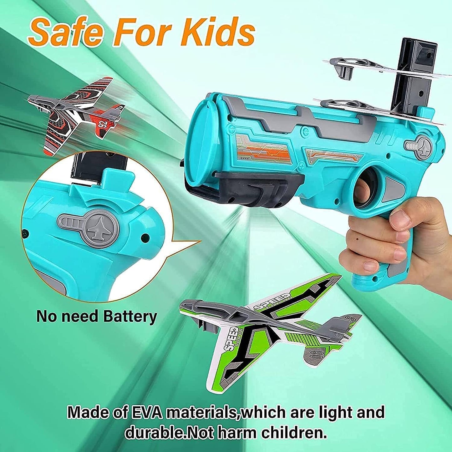 Complete aeroplane gun toy set with launcher and multiple foam gliders.
