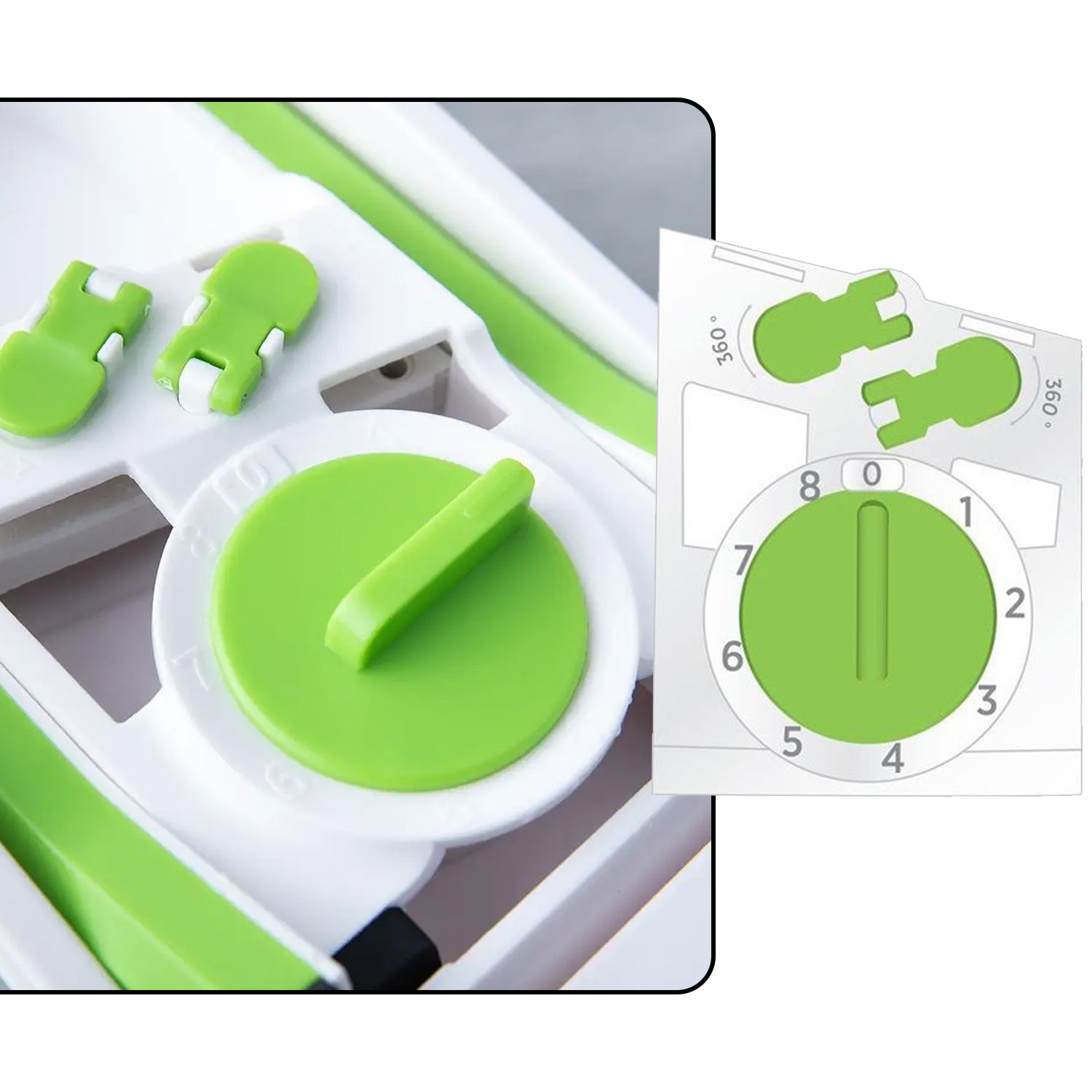 Detail of the stainless steel blades within the multi-functional vegetable chopper.