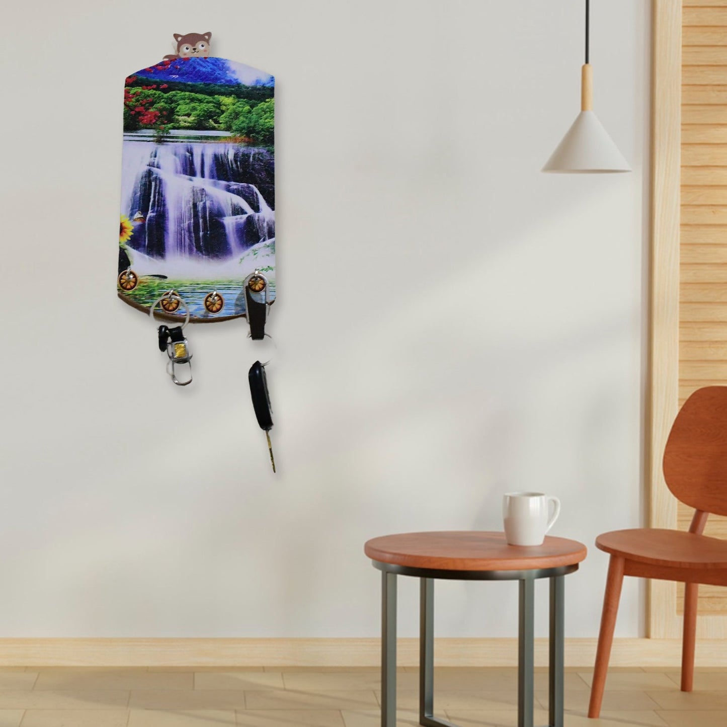 Stylish wooden wall decor with hooks, perfect for keys or small items.