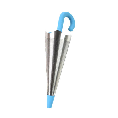 A hand holding a silicone umbrella tea infuser, demonstrating its flexibility.