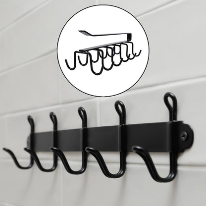 Close-up view of rust-proof iron hooks on the metal cup holder rack.