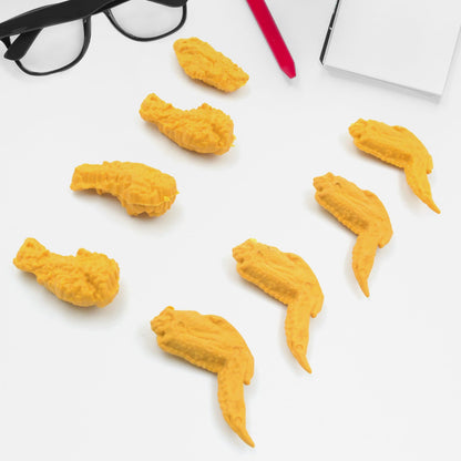 The chicken erasers arranged on a white background, emphasizing their clean and cute aesthetic.