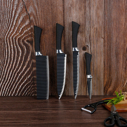 Complete 6-piece stainless steel knife set with chef's knife and peeler.