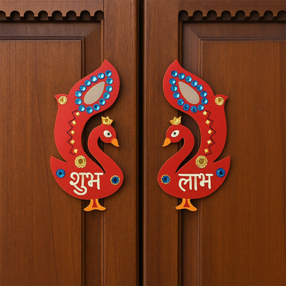 Close-up of traditional Shubh Labh wooden wall hanging design