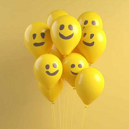 Close-up of a joyful smiley face balloon, ideal for festivals.