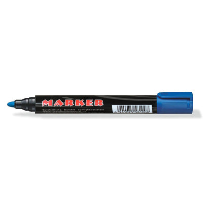 Tip of permanent blue ink marker pen showing durable tip design