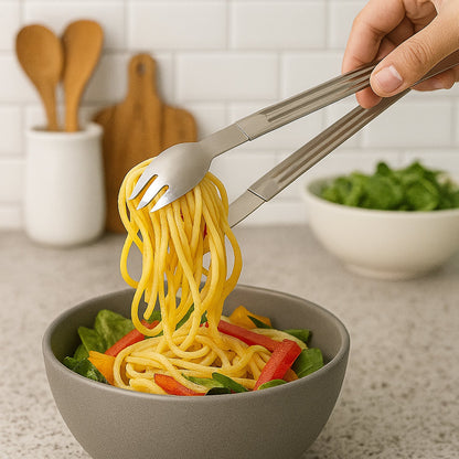 Sleek design of stainless steel serving tong for pasta and salad