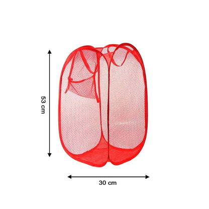 Ventilated mesh clothes basket holding a pile of laundry.