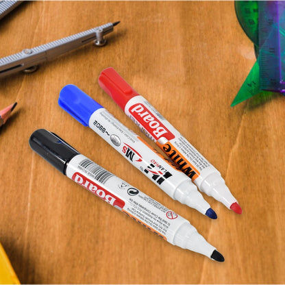 Blue, black and red whiteboard markers with a handy board duster