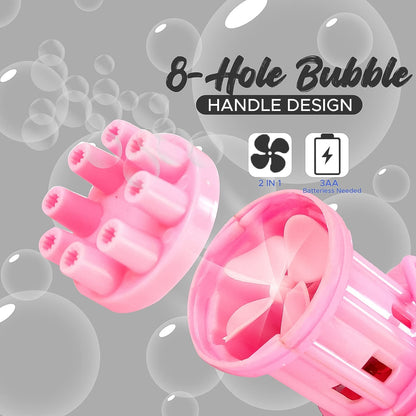 A child happily playing with the bubble gun outdoors, filling the air with numerous bubbles.