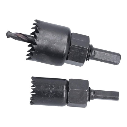 The BoltForce Hole Saw Kit's components, including mandrels and an Allen wrench, neatly arranged.
