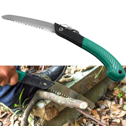 Folding handsaw being used for efficient wood cutting in a garden setting.