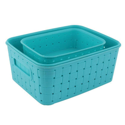 Set of 3 blue plastic storage baskets for kitchen and home organization.