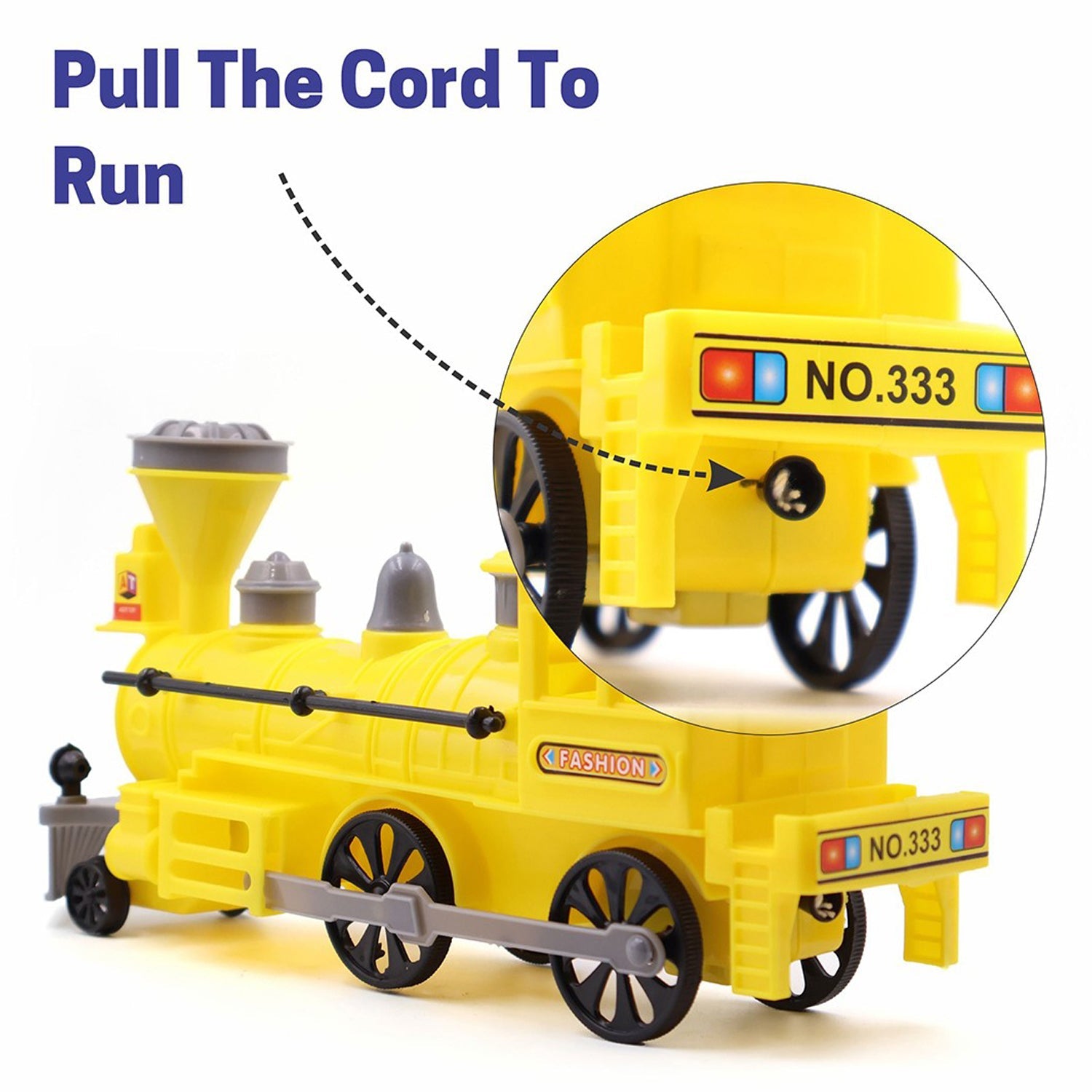 Close-up of the Pull Back Train Toy's string pull mechanism.