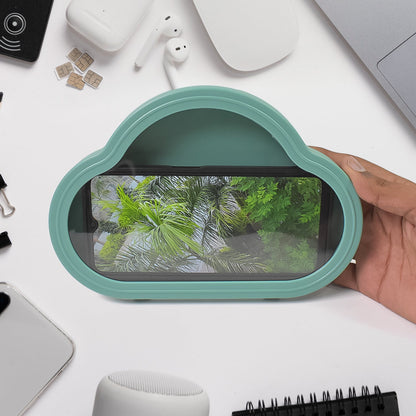 Green waterproof phone holder mounted on a tiled wall, ready for use in a bathroom.