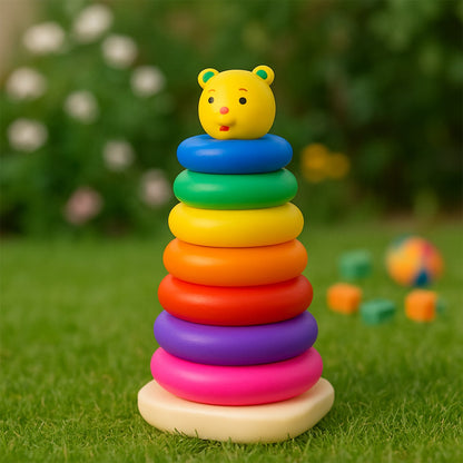 Side view of the 7-piece plastic stacking toy promoting hand-eye coordination.
