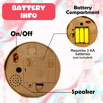 Detailed view of the chirping bird toy's features, including its moving beak and sound sensor.