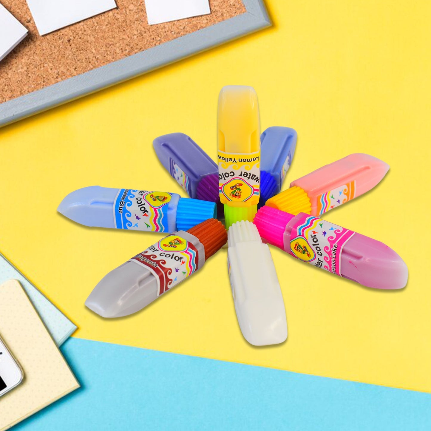 Colourful water-based paint tubes in neat blister packaging