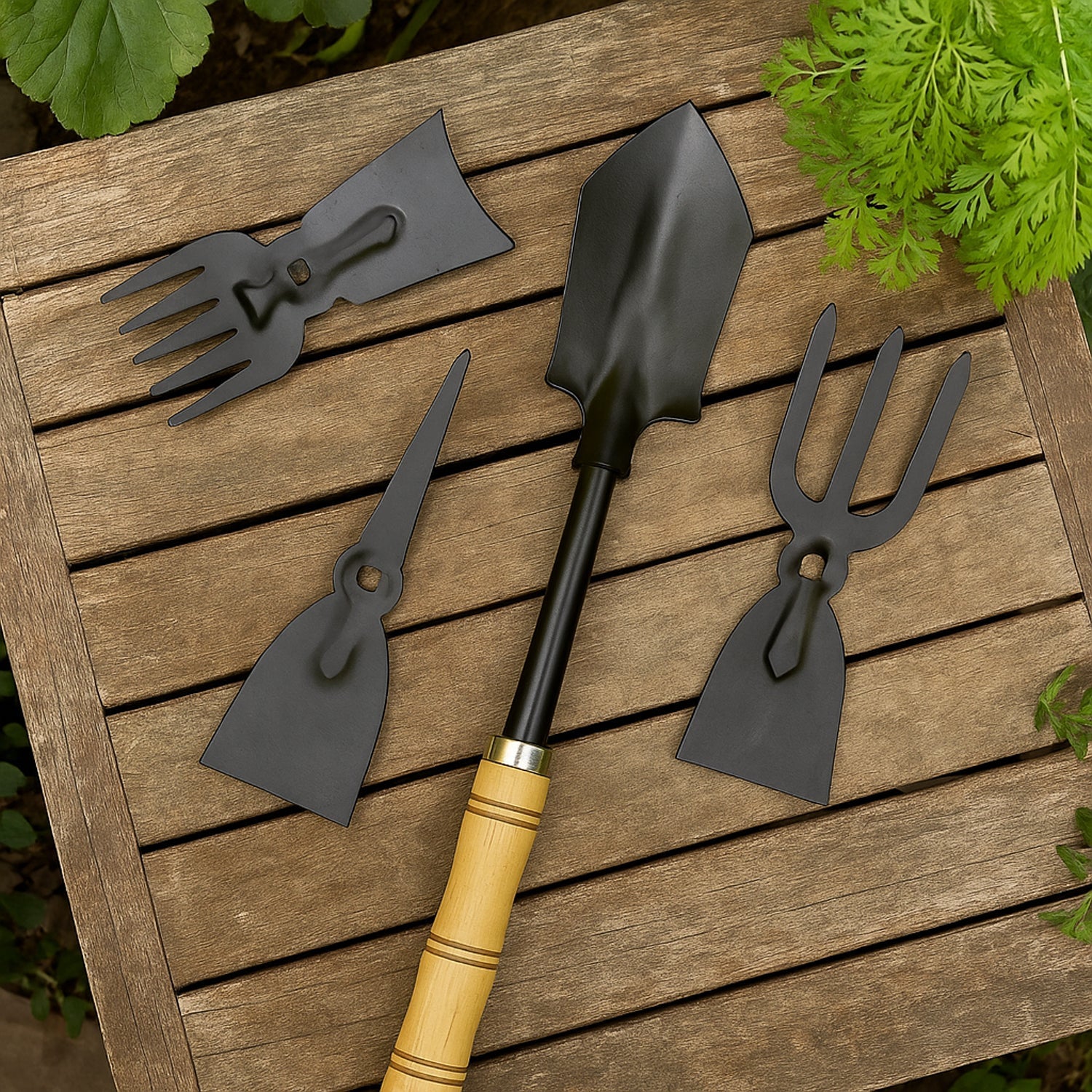 Close-up of gardening hand tool kit with rust-resistant metal and wooden handles