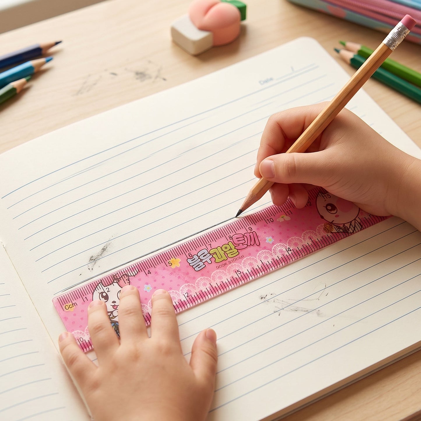 Detail view of the kids stationery kit showing dimensions and design